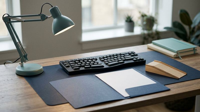 Adjustable desk lamp, ergonomic keyboard, blank paper, blue folder, and books on a modern desk.