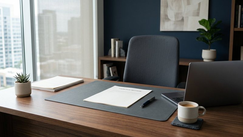 Empty office desk with a blank employment document, pen, laptop, and chair.