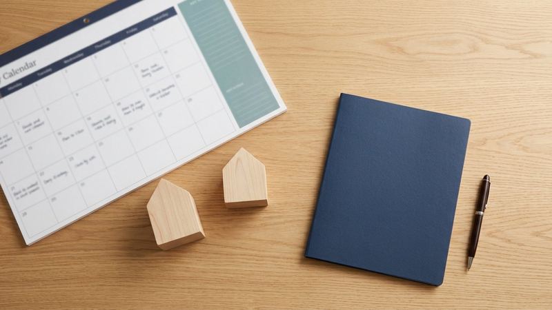 Family calendar, two wooden house shapes, navy folder, and pen arranged on a light wood table.