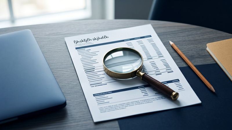 Magnifying glass over a financial report beside a pencil, notebook, and laptop on a desk.