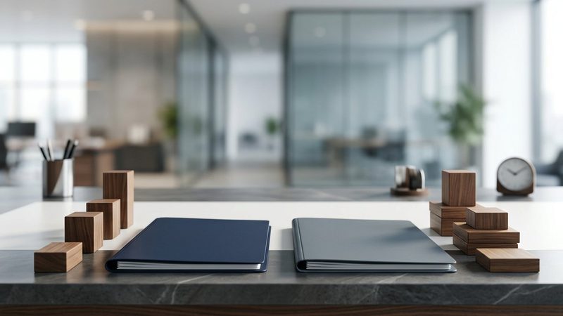 Two document folders and separate groups of wooden blocks arranged on an office desk.