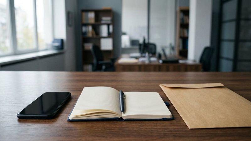 Blank smartphone, open notebook, pen, and plain document envelope on a desk in an empty office.