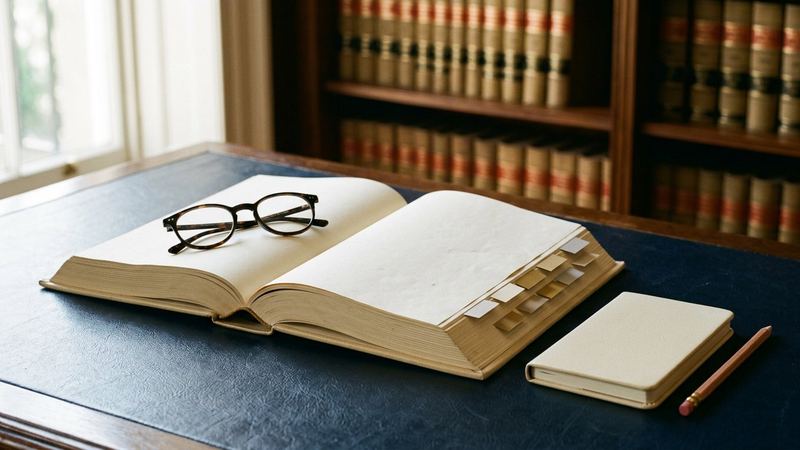 Open reference volume with blank pages, reading glasses, page tabs, notebook, and pencil in a law library.