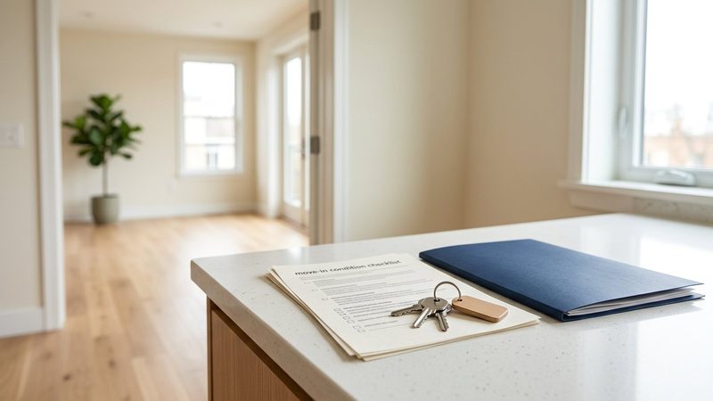 Apartment keys resting on a move-in checklist beside a blue folder in an empty apartment.
