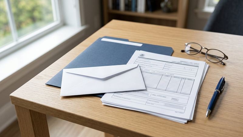 White envelope, form-like papers, blue folders, reading glasses, and pen arranged on a desk.