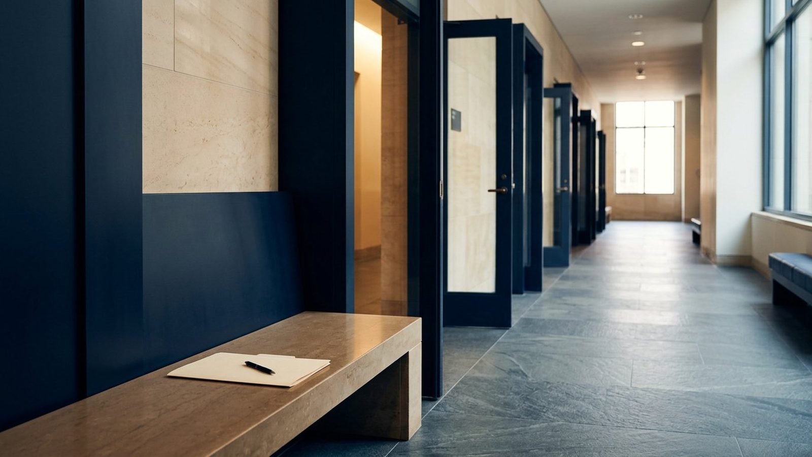 Empty courthouse corridor with open doorways and a case folder resting on a stone bench.